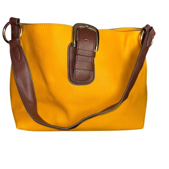 Mustard Yellow And Brown Accent Leather Shoulder‎ Hand Bag Tote Purse - Picture 1 of 3